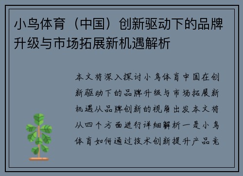 小鸟体育（中国）创新驱动下的品牌升级与市场拓展新机遇解析